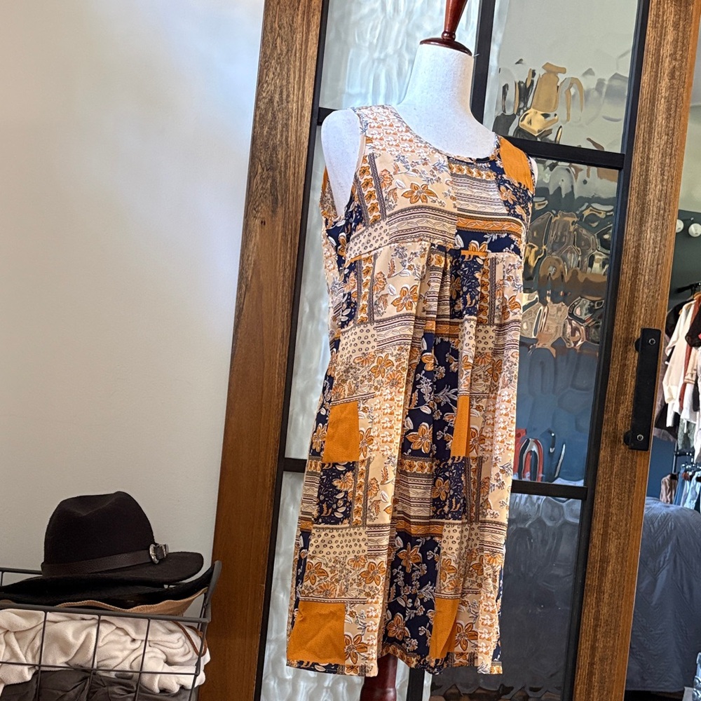 Sleeveless Patchwork Midi Dress in Navy & Mustard